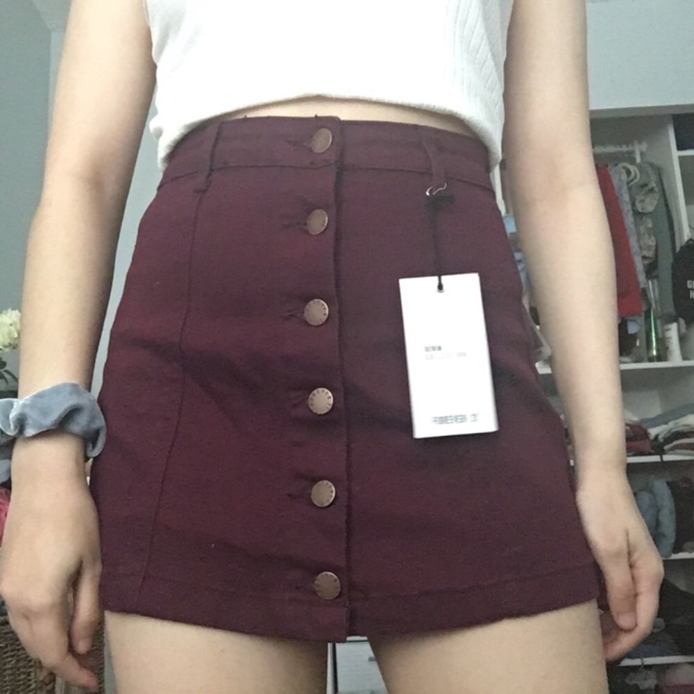 Burgundy denim button up a line skirt